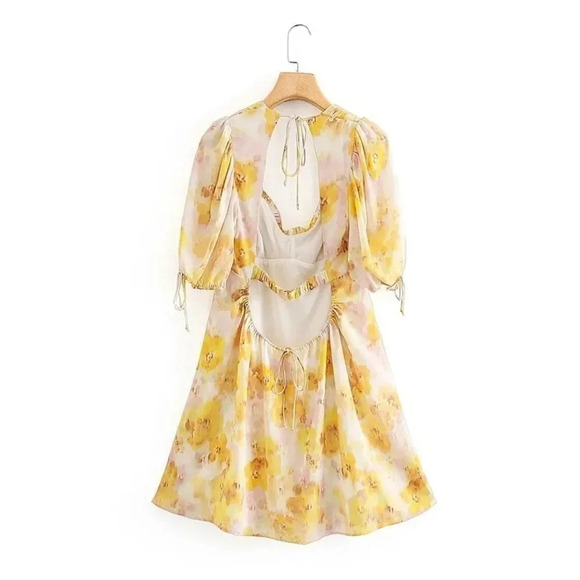 NEW! Sunny Floral Print Puff Sleeve Open Back Mini Dress - Picture 12 of 13